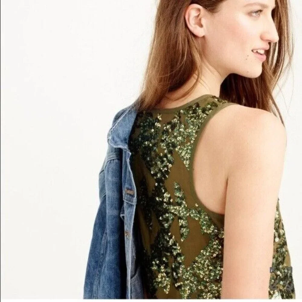 J. Crew Green Camo Iridescent Sequin Tank Top
